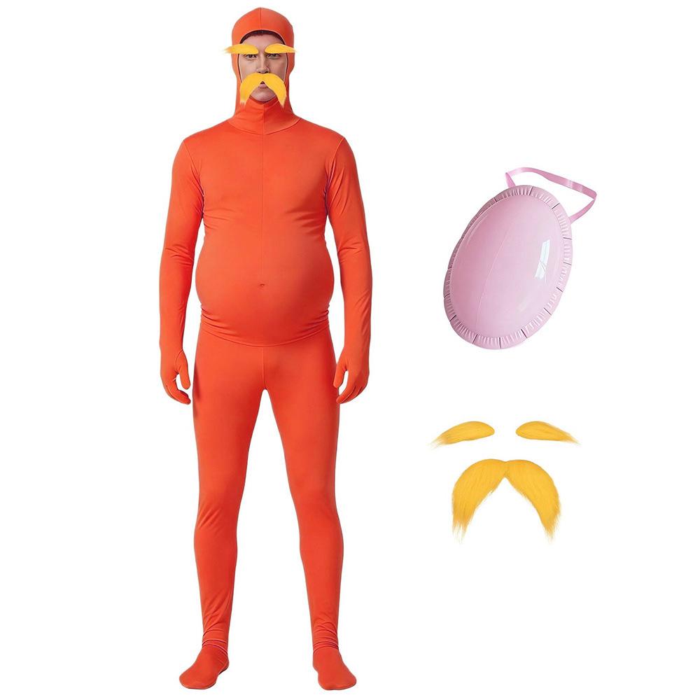 Halloween Vollabdeckung Alter Mann Kostüm mit langem Bart, großem Bauch und orangefarbenem Umhang für Cosplay und Rollenspiele.