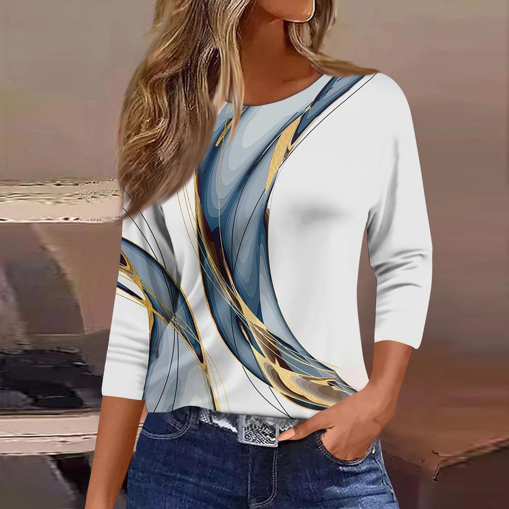 Women's Fashion Casual Round Neck 3/4 Sleeve Loose Printed T-Shirt Ladies Top