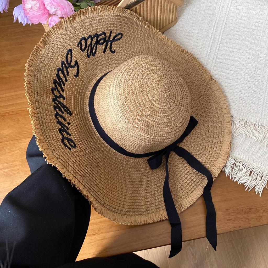 Lace Bow Straw Hat Women's Summer French Large Brim Sunscreen Hat Seaside Beach Vacation Sun Hat
