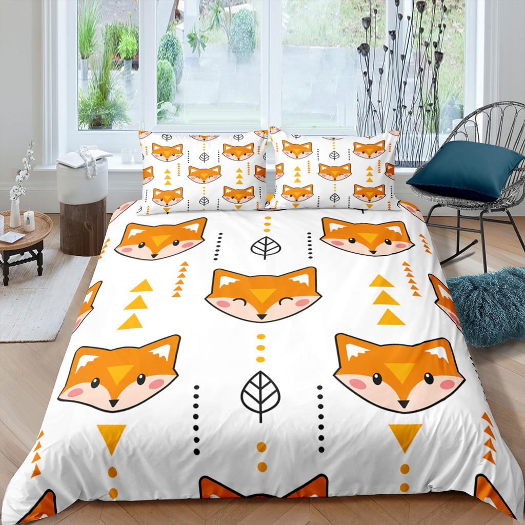 Comforter Cartoon Fox King Queen Lovely Orange Animal Floral Bedding Set Kids Girls Flowers Plant 2/3Pcs