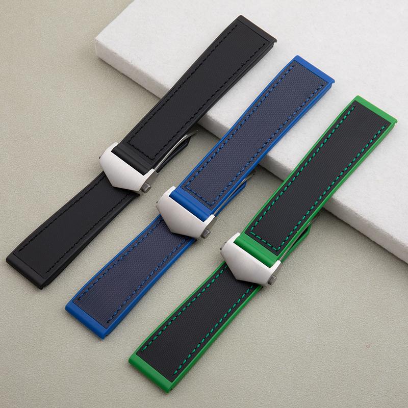 22mm Flat End Black Blue Green Canvas Nylon + Rubber Watch Band For Tag Strap For Heuer Carrera Monaco Wristband With Fold Clasp
