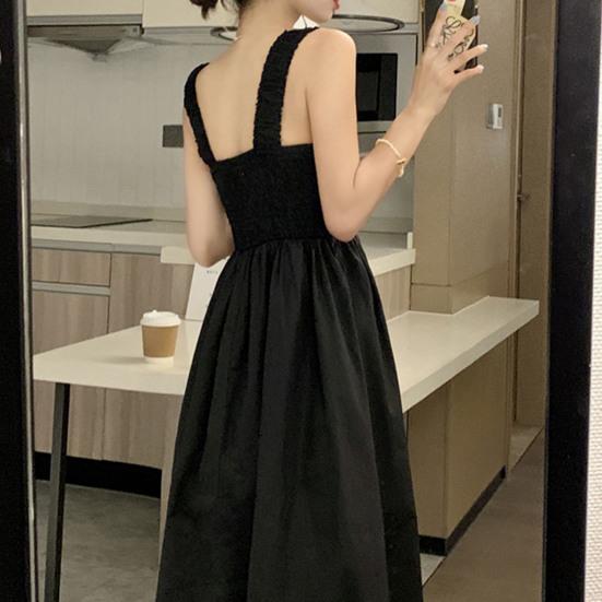 Čtvercový výstřih Bez rukávů Jednobarevné Zúžené v pase Letní šaty Sladké Elastický ramenní popruh Rozšířený velký lem Šaty na ramínka Streetwear