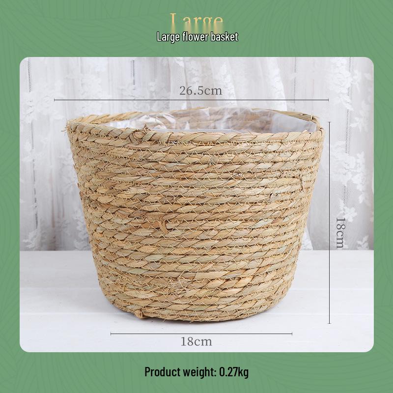 Rattan Woven Flower Basket for Home and Balcony Decor with Green Plants