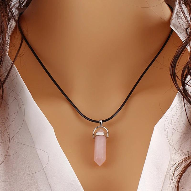 Stylish Hexagonal Crystal Gemstone Pendant Necklace with Gold Cap