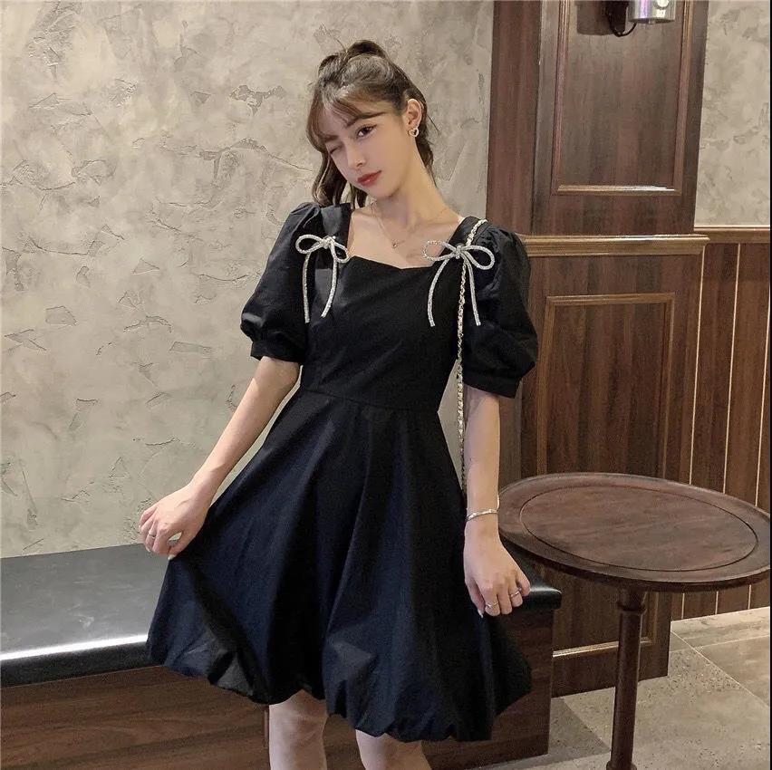 French Temperament Bubble Sleeve Dress Women's Summer Niche Design Sense Waist Thin Medium and Long Skirt
