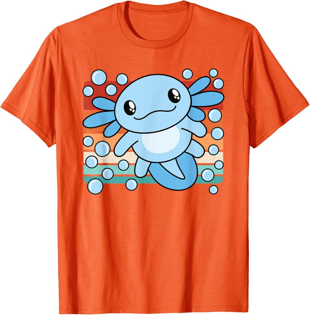 Niedlicher Axolotl Salamander Retro Sonnenuntergang Grafik T-Shirt Weiche Baumwolle Lässiges T-Shirt für Kinder