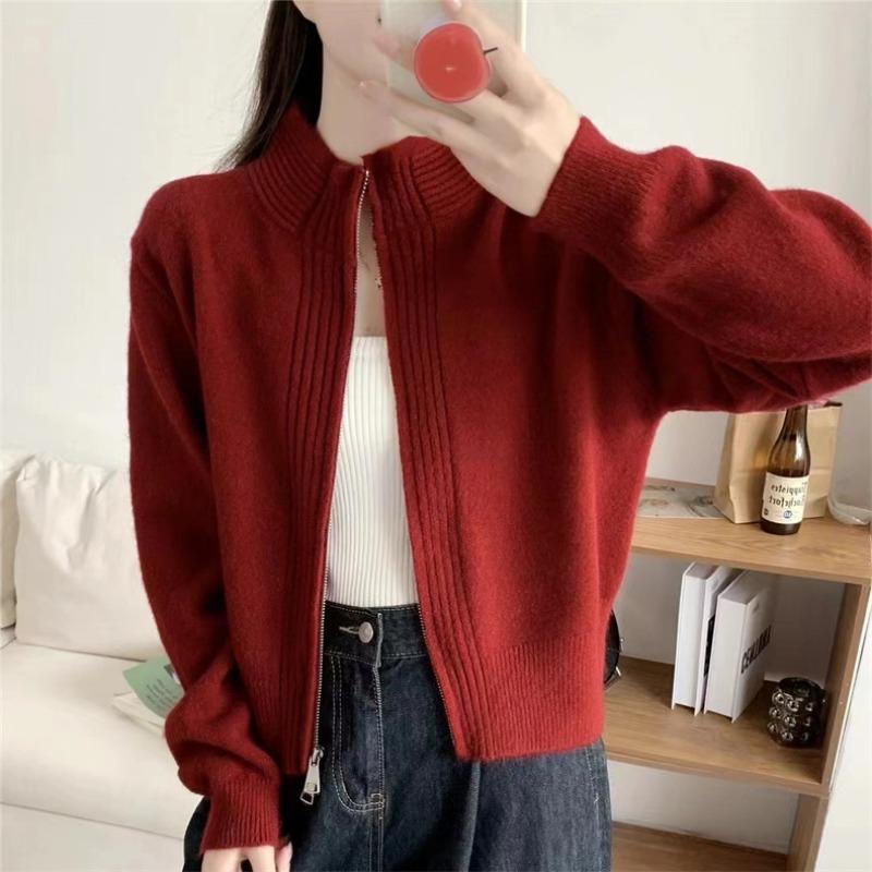 Short design zipper semi-turtleneck knitted cardigan women's small casual simple solid color sweater jacket