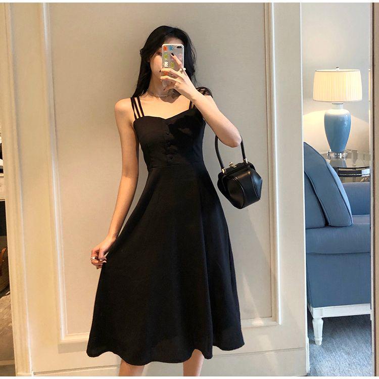 2026 French Hepburn-Style Petite Black Spaghetti Strap Dress for Women