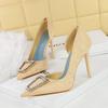 European American Style Banquet High Heels Thin Heels Shallow Mouth Pointed Toe Metal Buckle Side Hollow High Heels Single Shoes