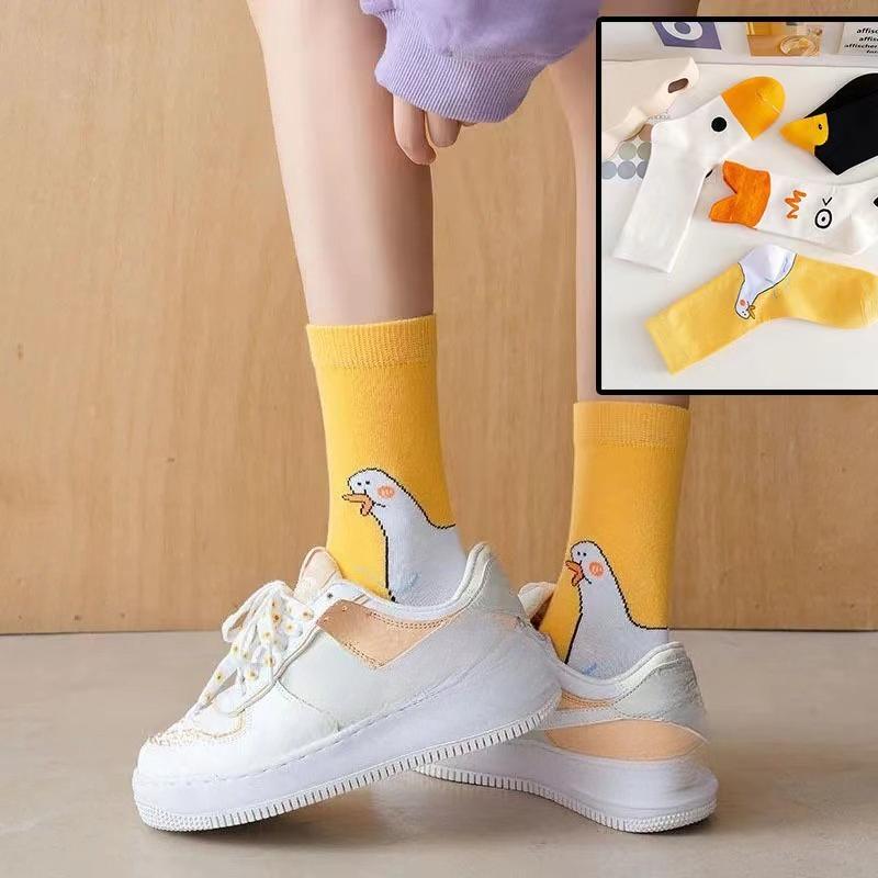 Cute Cartoon Big White Goose Little Yellow Duck Couple Socks Cotton Women's Long Socks Medium Tube Korean Harajuku Socks