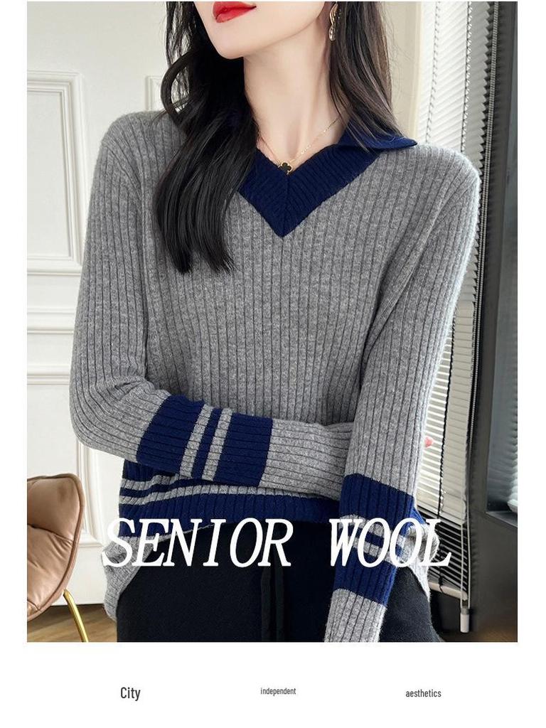 Women's College-Style V-Neck Striped Wool Knit Sweater for Autumn and Winter