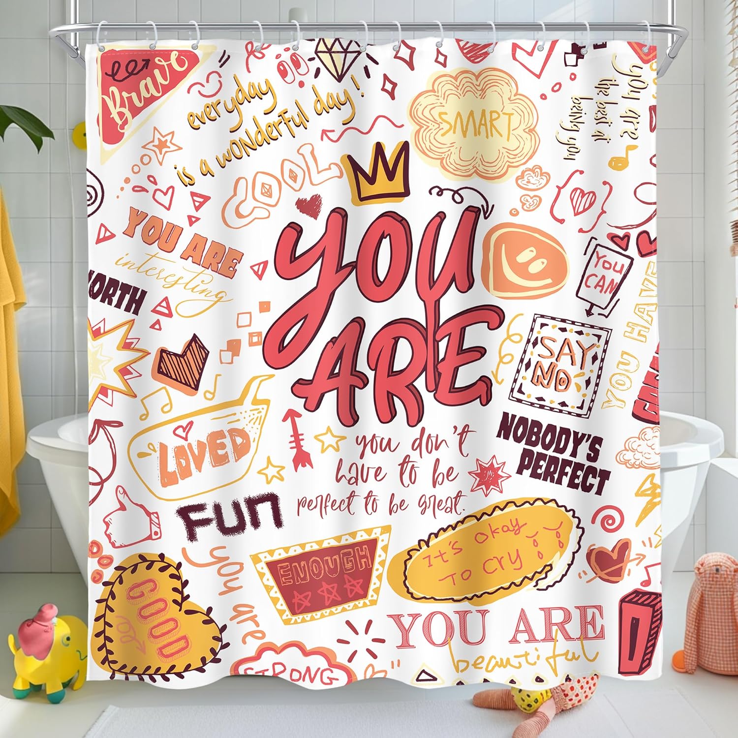 

Kids Positive Quotes Shower Curtain Pink Neon Cute Funny Abstract Graffiti Girls Girly Teens You Are Artwork Cloth Waterproof W60H190(CM)-1 Pcs