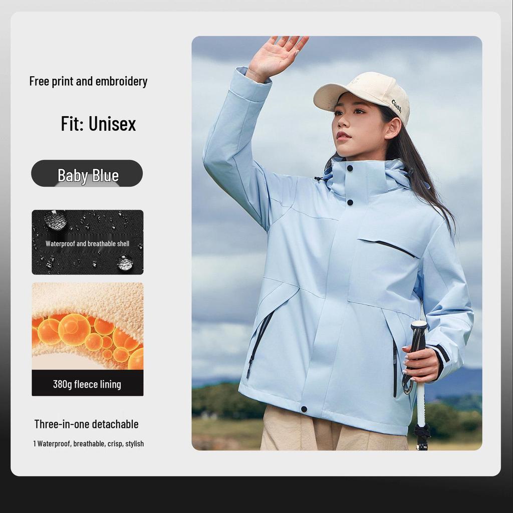 Customizable Three-in-One Mountaineering Jacket, Autumn/Winter Corporate Teamwork Detachable Plus Velvet Workwear with Print Logo