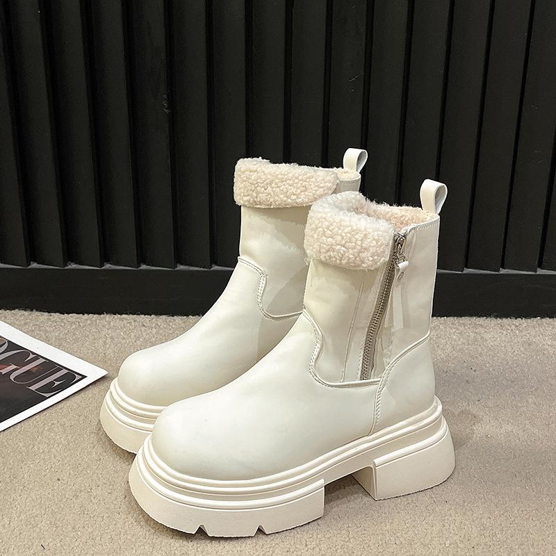 

Теплые короткие зимние ботинки на толстой подошве из овечьей шерсти для женщин, утягивающие ботинки из нескользящего хлопка 40 бежевый