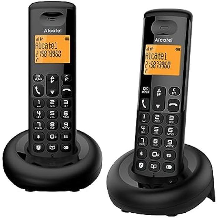 Alcatel Téléphone DECT sans fil E160 Duo noir avec blocage des appels indésirables, grand écran rétroéclairé en orange, facile à