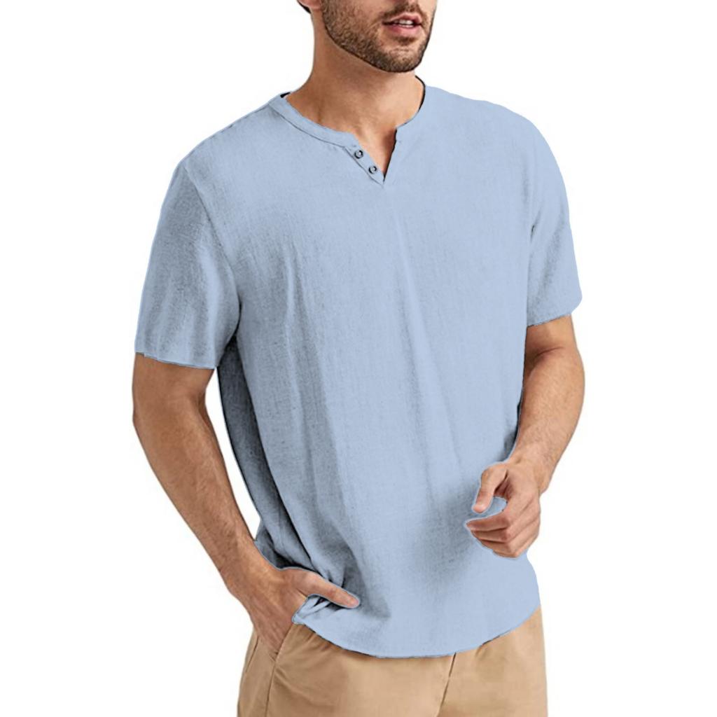 Men's Casual -color Short-sleeved Shirt With V-neck And Light Short-sleeved Top