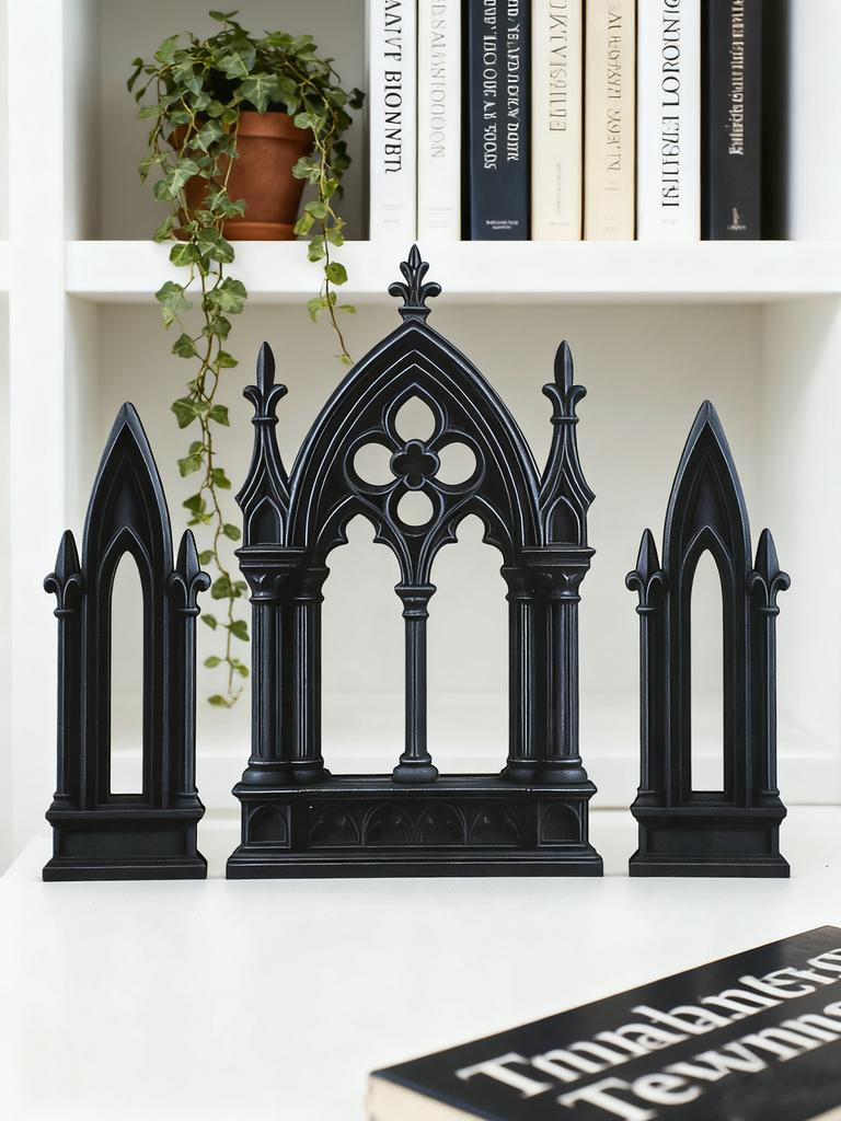 3pcs Gothic Style Castle Shape Tabletop Ornament, Black Wooden Cathedral Arch Book Ends, Vintage Home Office Shelf Decor Gift
