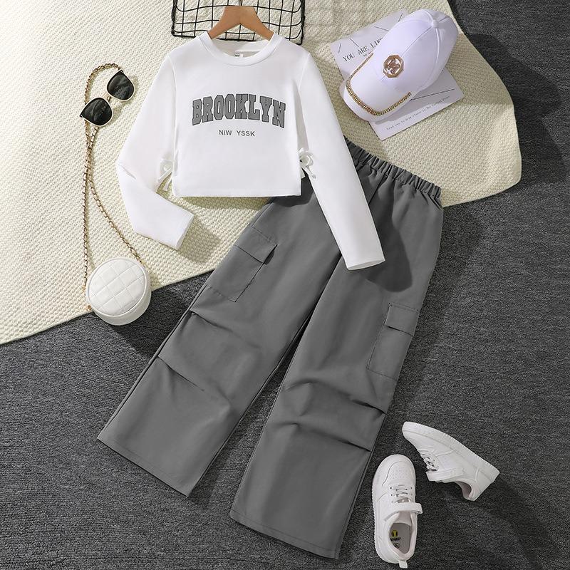 Mädchen Big Kids 2-teiliges Set Buchstabendruck Langarm-Sweatshirt mit Cargohose Amerikanischer Stil Lässiges Outfit für Frühling Herbst