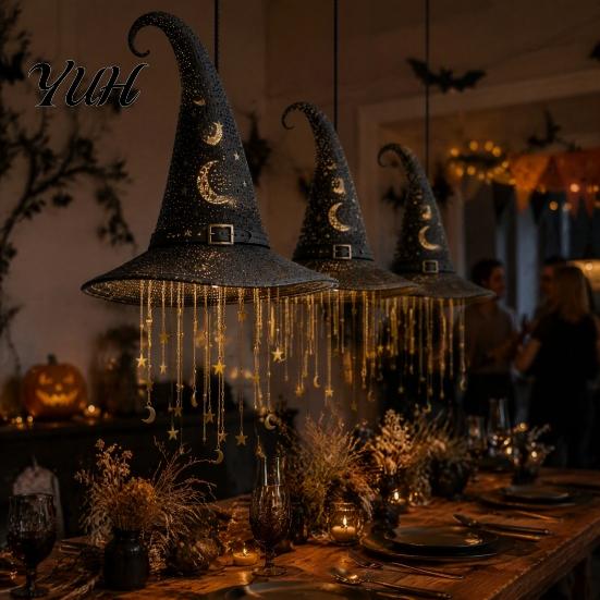 Glowing Star String Lights Light Up Witch Hat Hanging Lamp, Halloween Ornament with Twinkling Seasonal Home Party Supplies Stars Moon, Indoor Outdoor