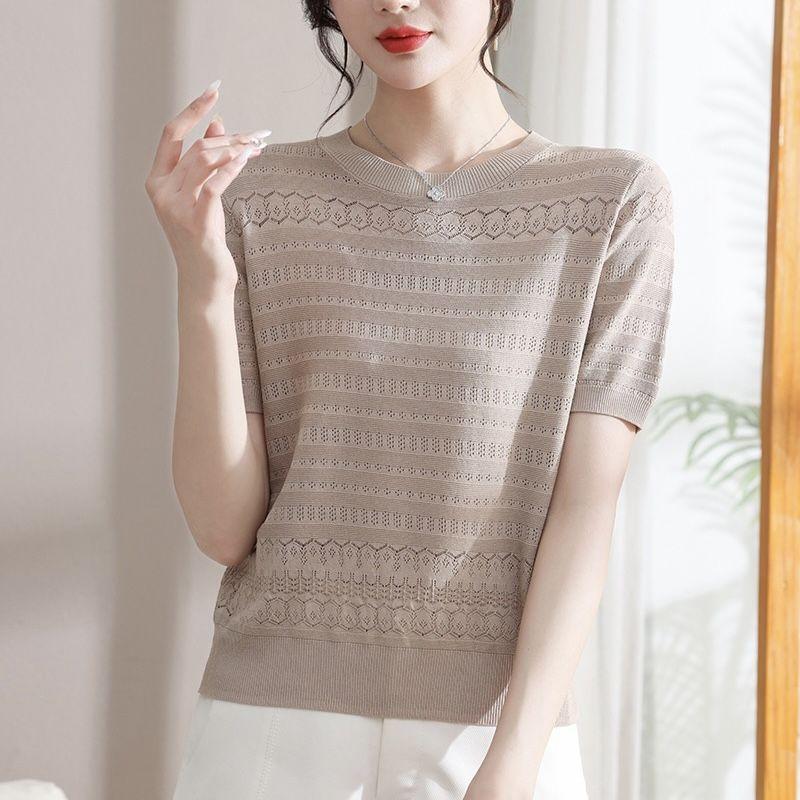 

Женский вязаный свободный полый пуловер с круглым вырезом и короткими рукавами из ледяной шелковой ткани, летняя модная футболка 3XL