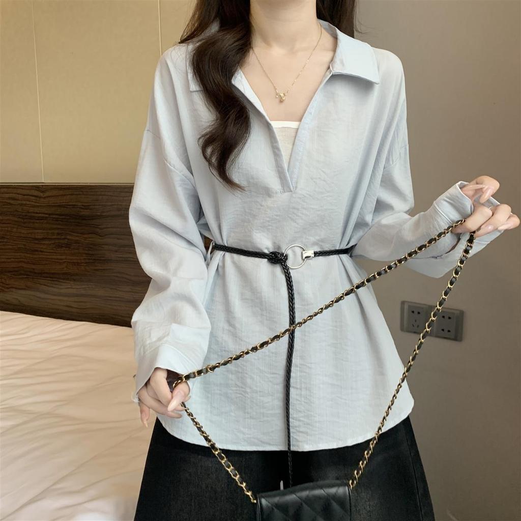 Korean-style V-neck Long-sleeve Shirt for Women, 2026 Spring and Autumn New Model, Versatile for Commuting, Faux Two-piece Top