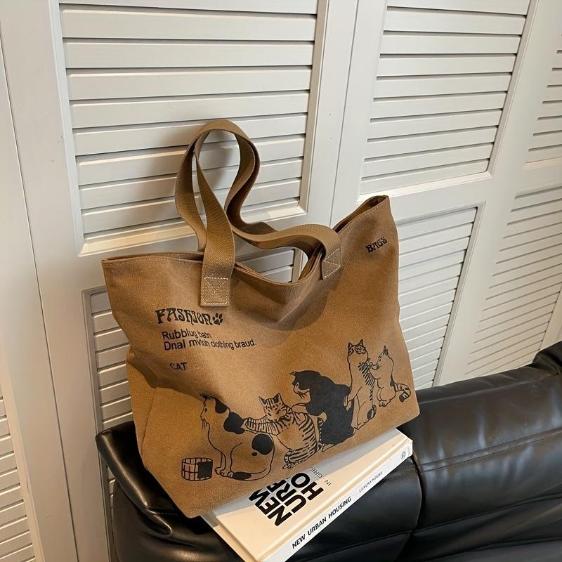 Women's Elegant Cat Illustration Tote Bag Large Capacity Zipper Closure Handbag for Daily Casual Outings, Durable Shoulder Bag Travel Accessory