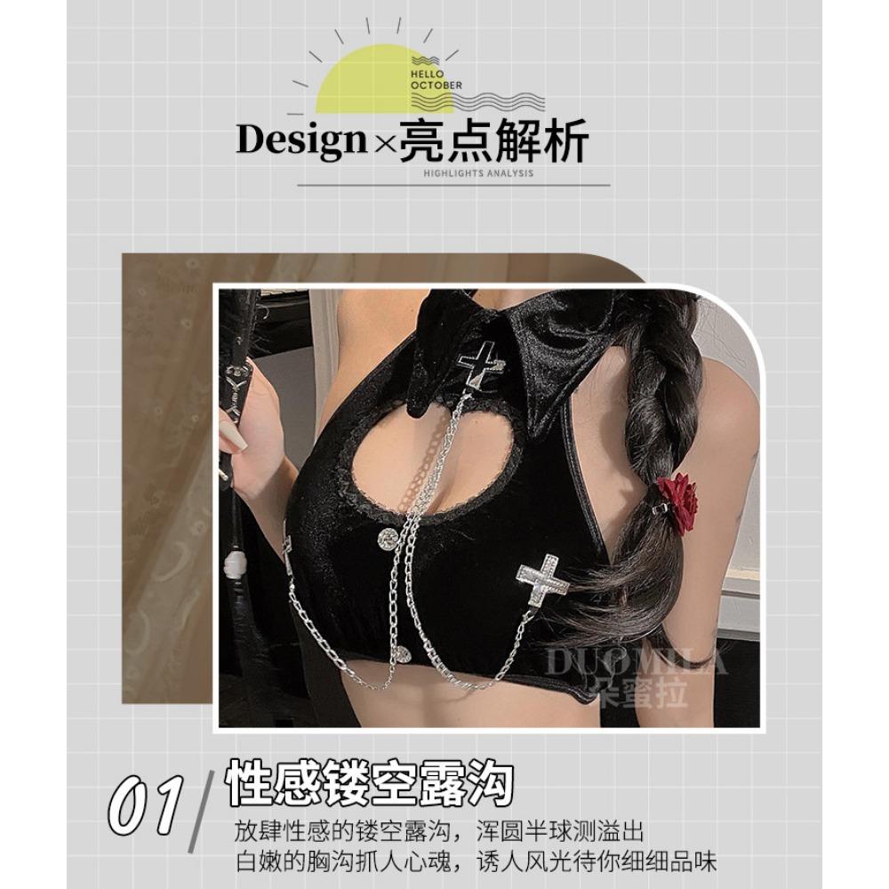 Domila's New Dark Rivets Hollow Straps Cheongsam Sex Underwear Witch Game Suit Cosplay F412