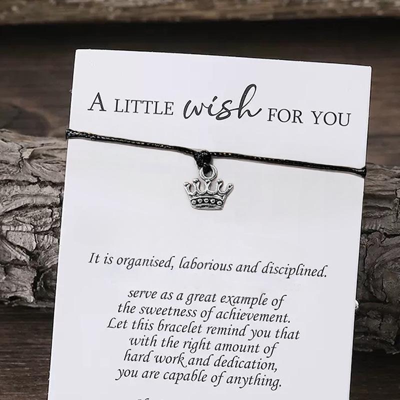 Adjustable Zinc Alloy Crown Black Waxed Cord Bracelet