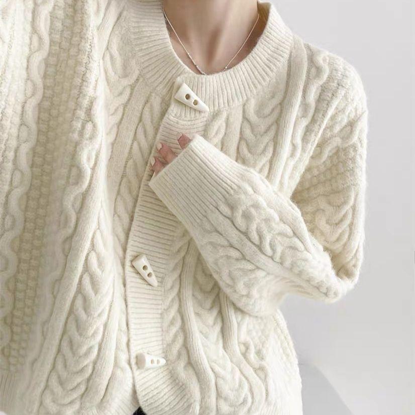 Horn Button Cable Knit Cardigan Autumn Winter Coat Short Lazy Round Neck Loose Sweater Top