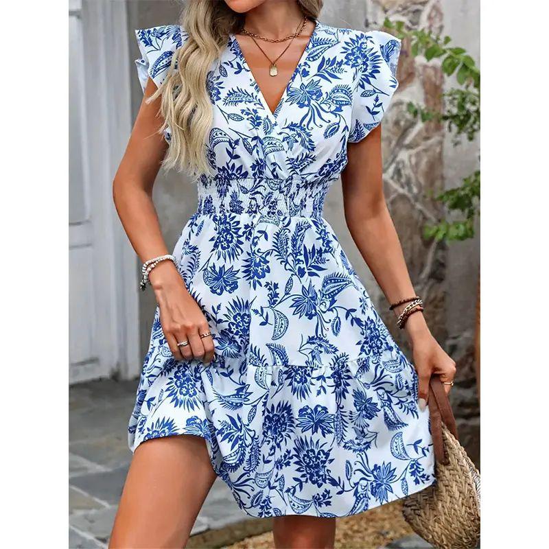 

European and American Women s V-neck Print Dress Summer Women clothes Waist Hugging Slimming Skirts V-Neck Printed Dress Royal Blue S