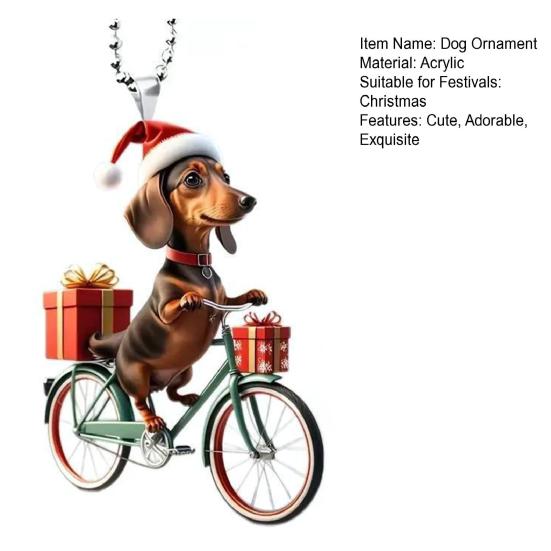 Christmas Ornament Funny Bicycle Dog Pendant Acrylic 2D Cartoon Animal Hanging Decoration for Xmas Tree Home Car Decor