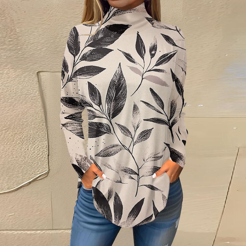 Tee Shirts For Women Fall Casual Long Sleeve Shirts Sweatshirt Vintage Printed High Neck Top Pullover