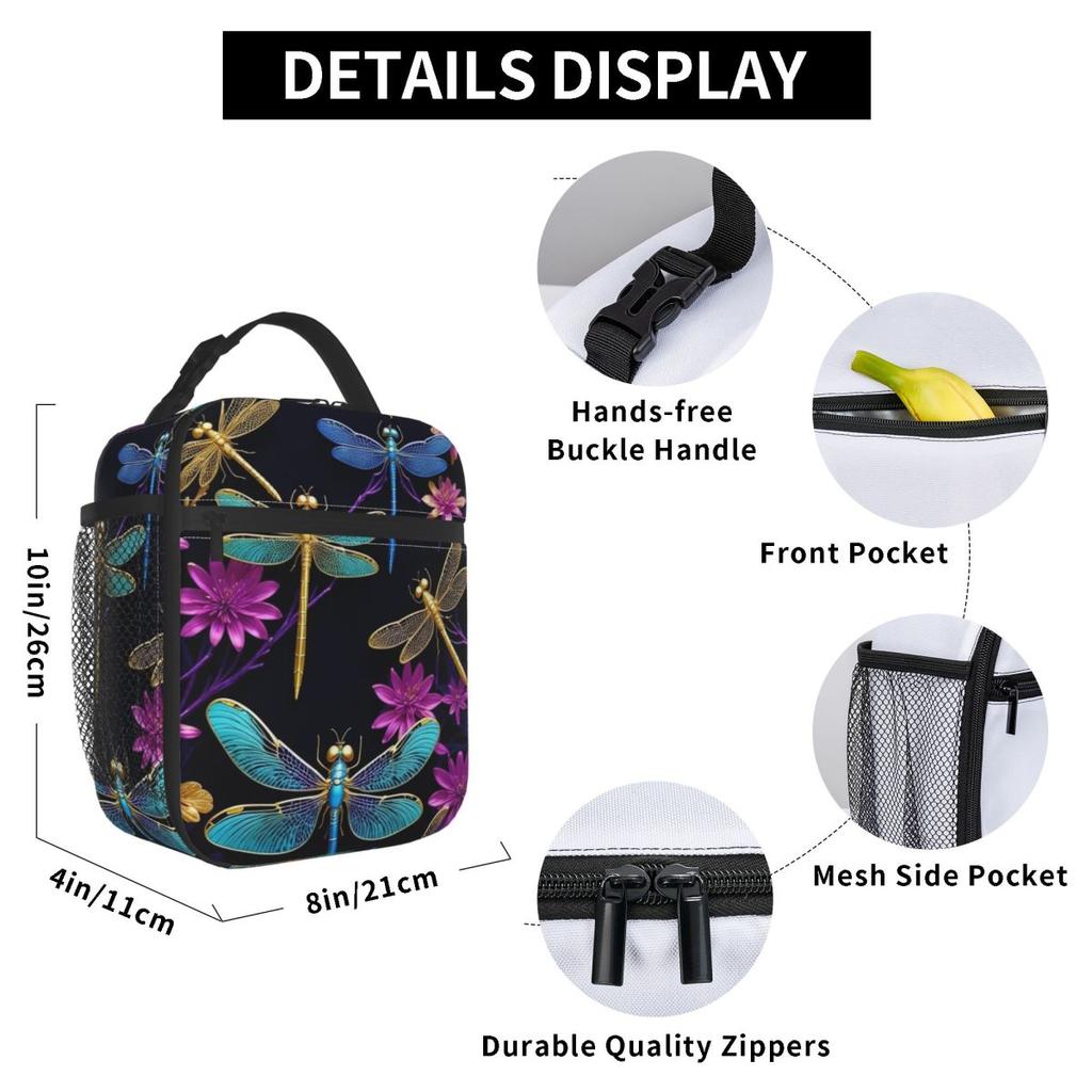 Colorful Dragonfly With Flower Insulated Lunch Bag for Women Kids Leakproof Food Boxes Thermal Lunch Box Tote
