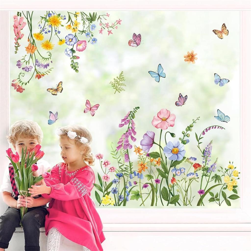 Wondever Summer Garden Flower Window Clings Hummingbird Floral Butterfly Glass Decal Anti Collision Double-Side Static Window Stickers for Home Glass
