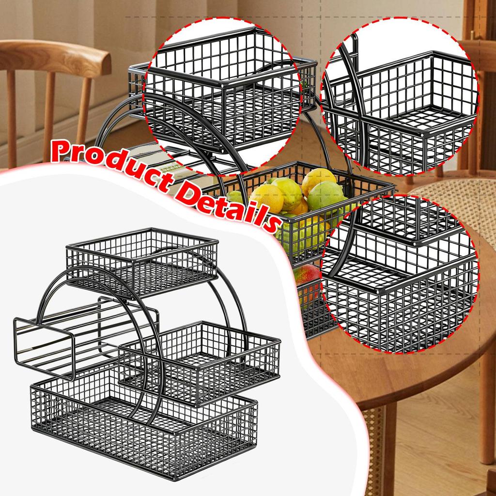 Iron Triple Layer Fruit Basket Snack Tray Open Access Design Smooth Edges Accessories 11.8x7.8x11.8inch with Tissue Box Holder