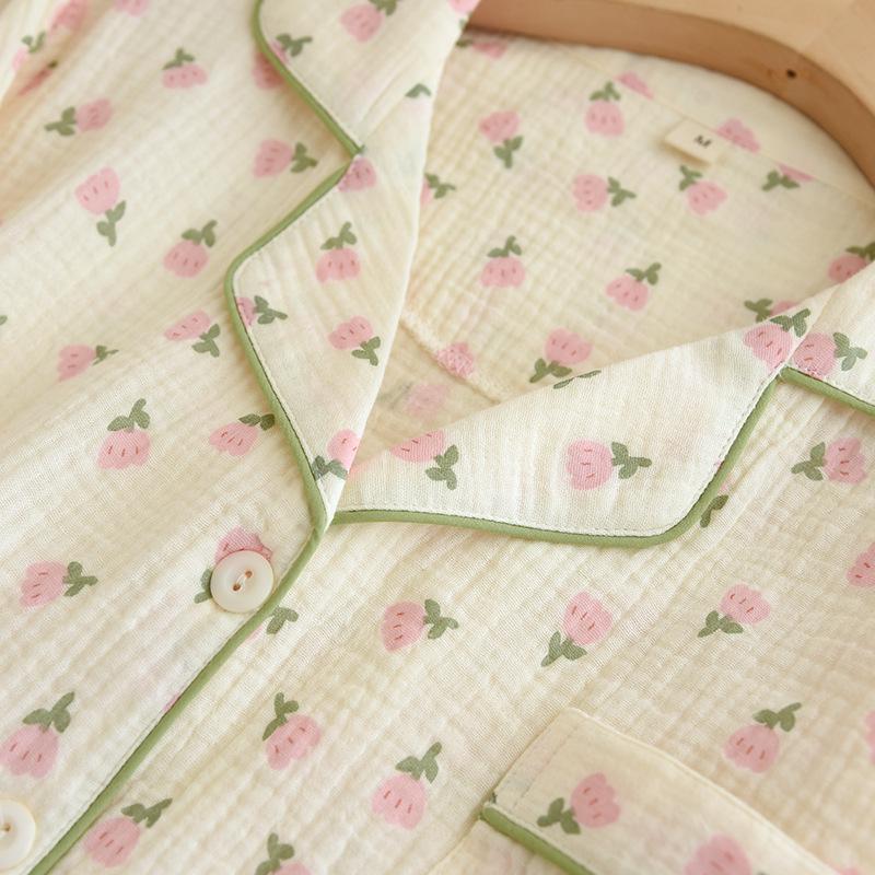 Women's Floral Crepe Pajama Set - Long Sleeve, Turn-Down Collar, Double Layer Gauze, Spring/Autumn Sleepwear
