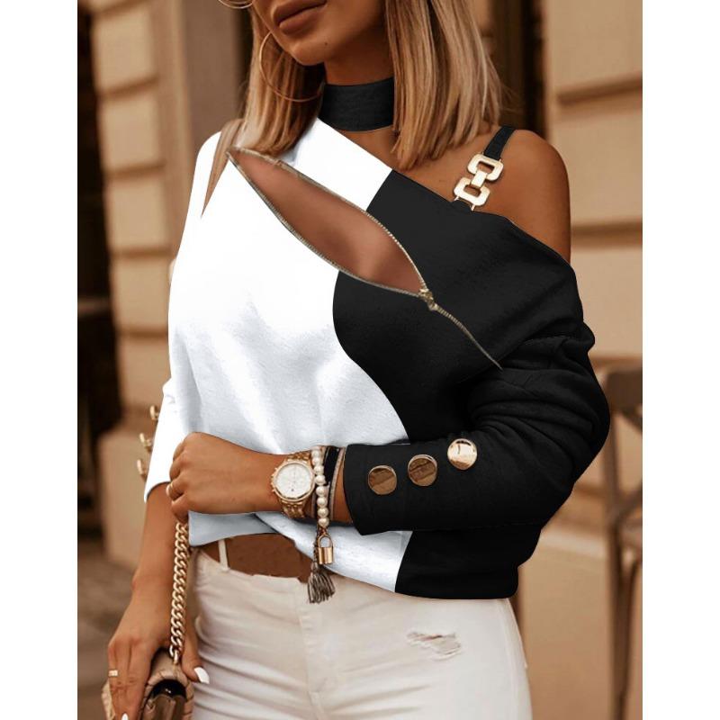 

ИГУАСУ Осень Зима Длинный Рукав Цепочка Халтер Принт Декорированный Пуговицами Топ Женский XXL