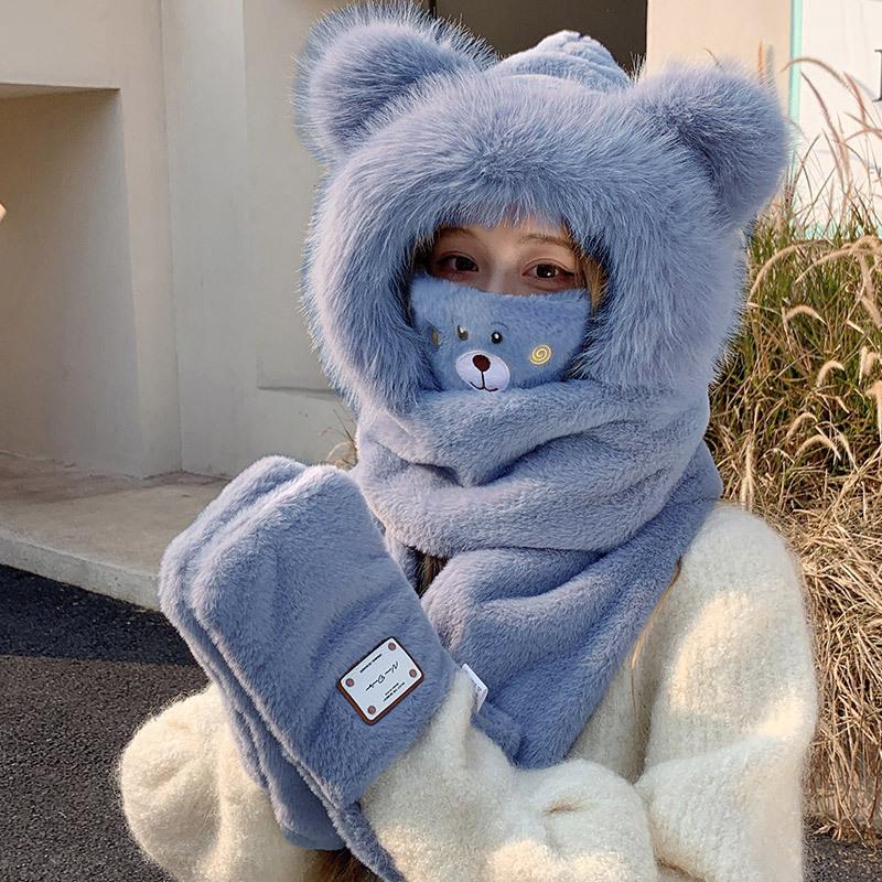 Korean Cute Plush Three-piece Set for Women's Autumn and Winter New Scarf Gloves Hat Integrated Plus Velvet Cold Proof and Warm Hat