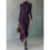 Elegant High Neck Wrap Dress With Cinched Waist Asymmetrical Hem Womens Knit Midi Winter 2025