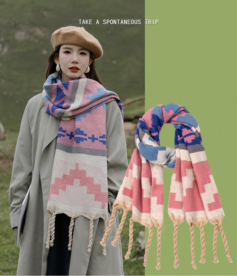 Simple Plaid Imitation Cashmere Scarf for Women Autumn and Winter New Pyramid Versatile Scarf Tassel Warm and Cold Proof Shawl