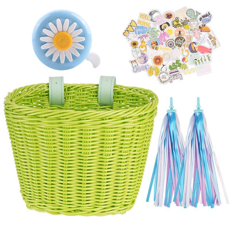 Children's Retro Rattan Bike Basket with Bell, Stickers, and Handlebar Tassels - Bicycle Accessories