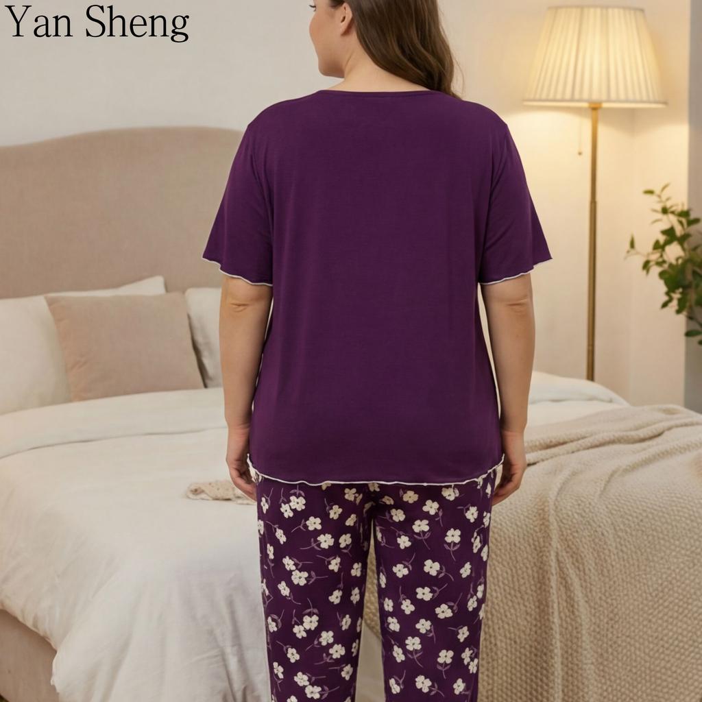 Plus Size Women Pajama Set Summer Thin Lace Print Short Sleeve Two‑Piece Bow Knit Loungewear Home Clothes