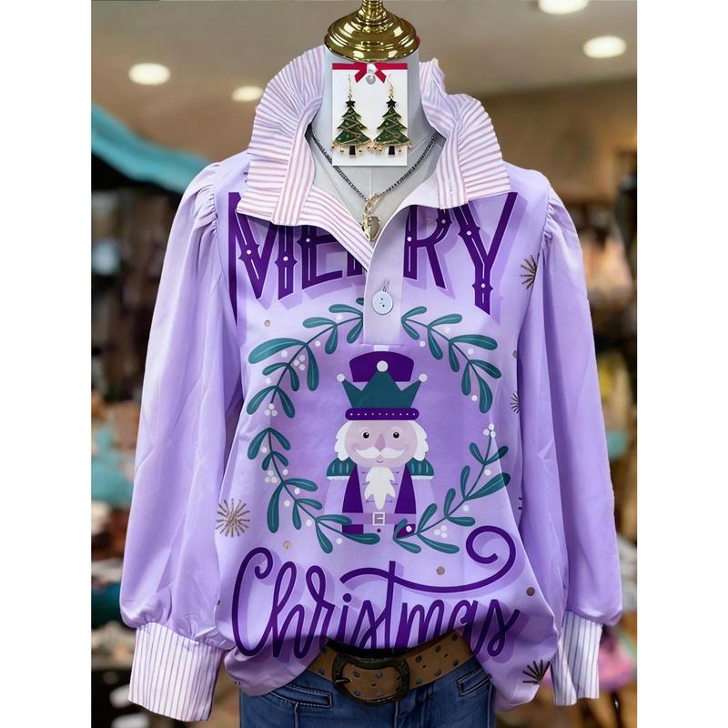 Women's Retro Christmas Pattern Blouse - Turn-Down Collar Long Sleeve, Loose Casual Silhouette, Festive Gift Tree Print Top Suitable for Fall/Winter