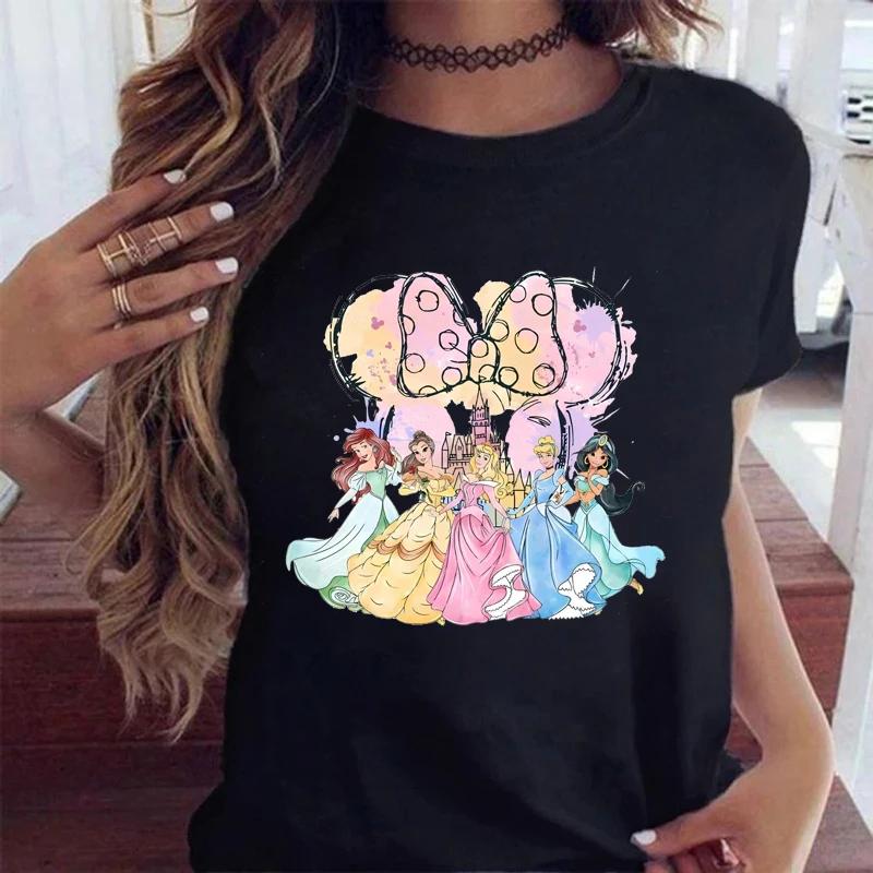 Fashion Cartoon Princess Printed T Shirt Watercolor Magic Castle Princess Women T Shirt Short Sleeves Crew Neck FeUnisex Clothes