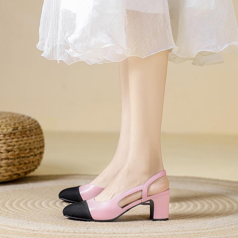 In Stock French Coco Style Soft Leather Color Block Low Cut Sandals - Women's Spring Mid and Thick Flat Heels