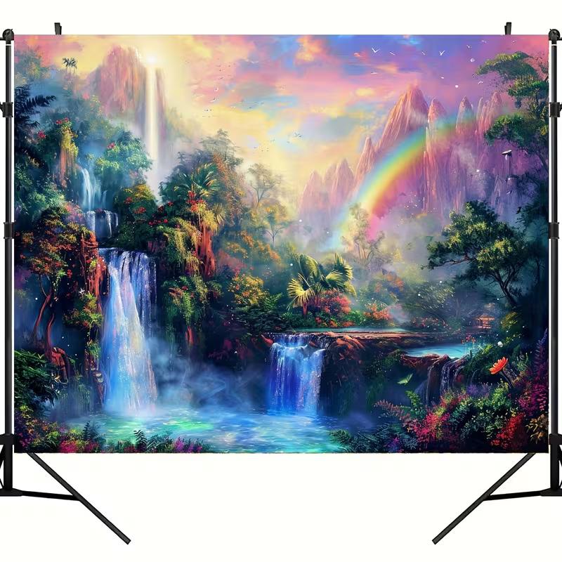 2D Dreamy Forest Waterfall Wall Tapestry Rainbow Sky Background Cloth for Home