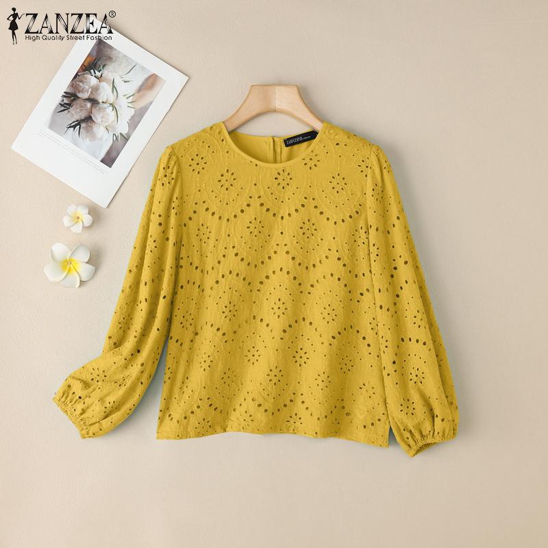 ZANZEA Women Casual Round Neck Long Sleeve Patchwork Lace Crochet Blouse