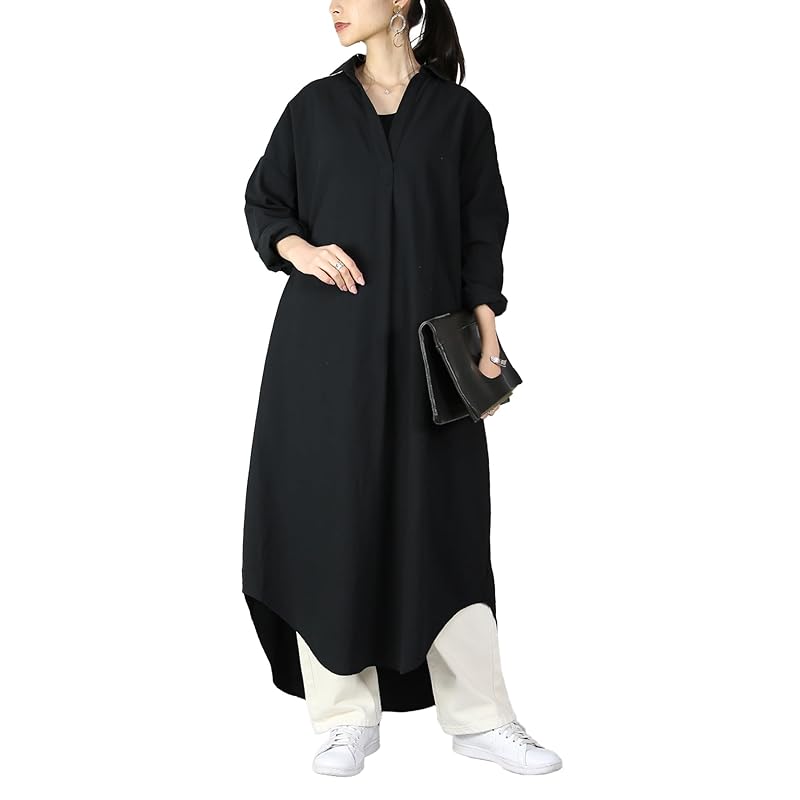 

[And It] 4type long sleeve shirt dress 100% cotton ladies wide body shape cover Haori M Black/Skipper A/long