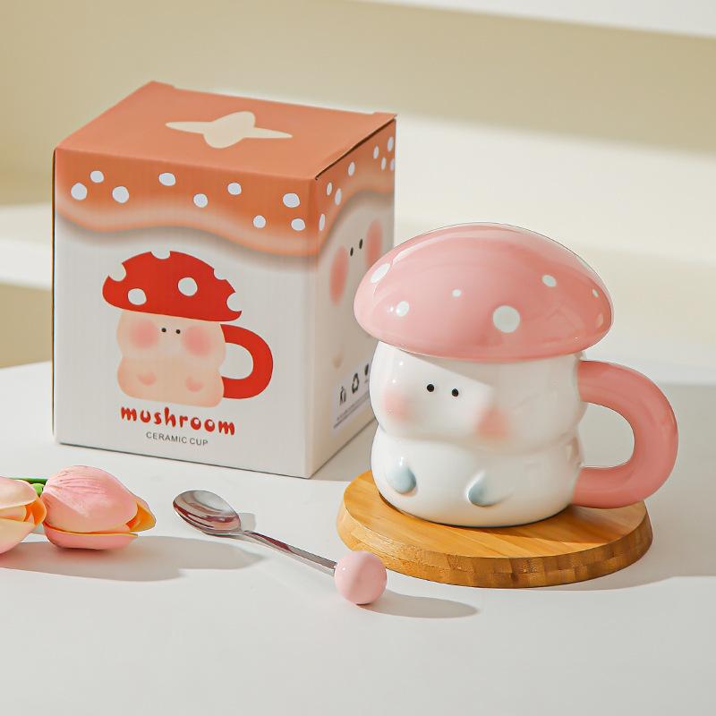 Girl's heart cartoon cute mushroom ceramic cup with lid souvenir high value creative ceramic mug coffee cup