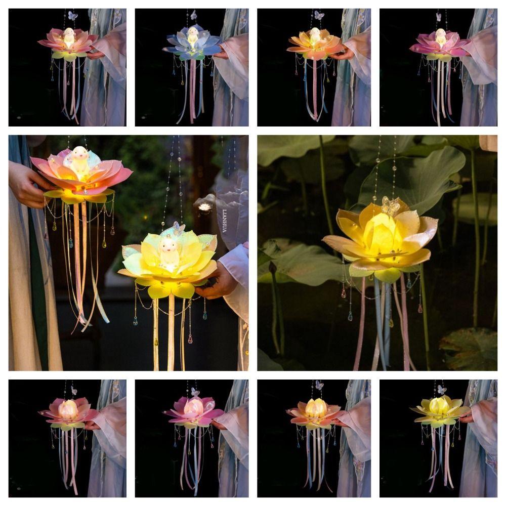 Handheld Lotus Flower Lanterns Blossom DIY Material Bag DIY MidAutumn Festival Lantern Glowing Rabbit Rabbit Lotus Lantern